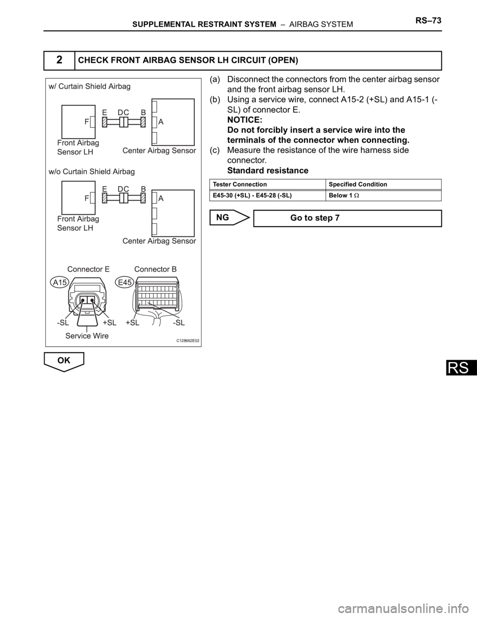TOYOTA RAV4 2006 Service Repair Manual SUPPLEMENTAL RESTRAINT SYSTEM – AIRBAG SYSTEMRS–73
RS
(a) Disconnect the connectors from the center airbag sensor
and the front airbag sensor LH.
(b) Using a service wire, connect A15-2 (+SL) a TOYOTA RAV4 2006 Service Repair Manual SUPPLEMENTAL RESTRAINT SYSTEM – AIRBAG SYSTEMRS–73
RS
(a) Disconnect the connectors from the center airbag sensor
and the front airbag sensor LH.
(b) Using a service wire, connect A15-2 (+SL) a