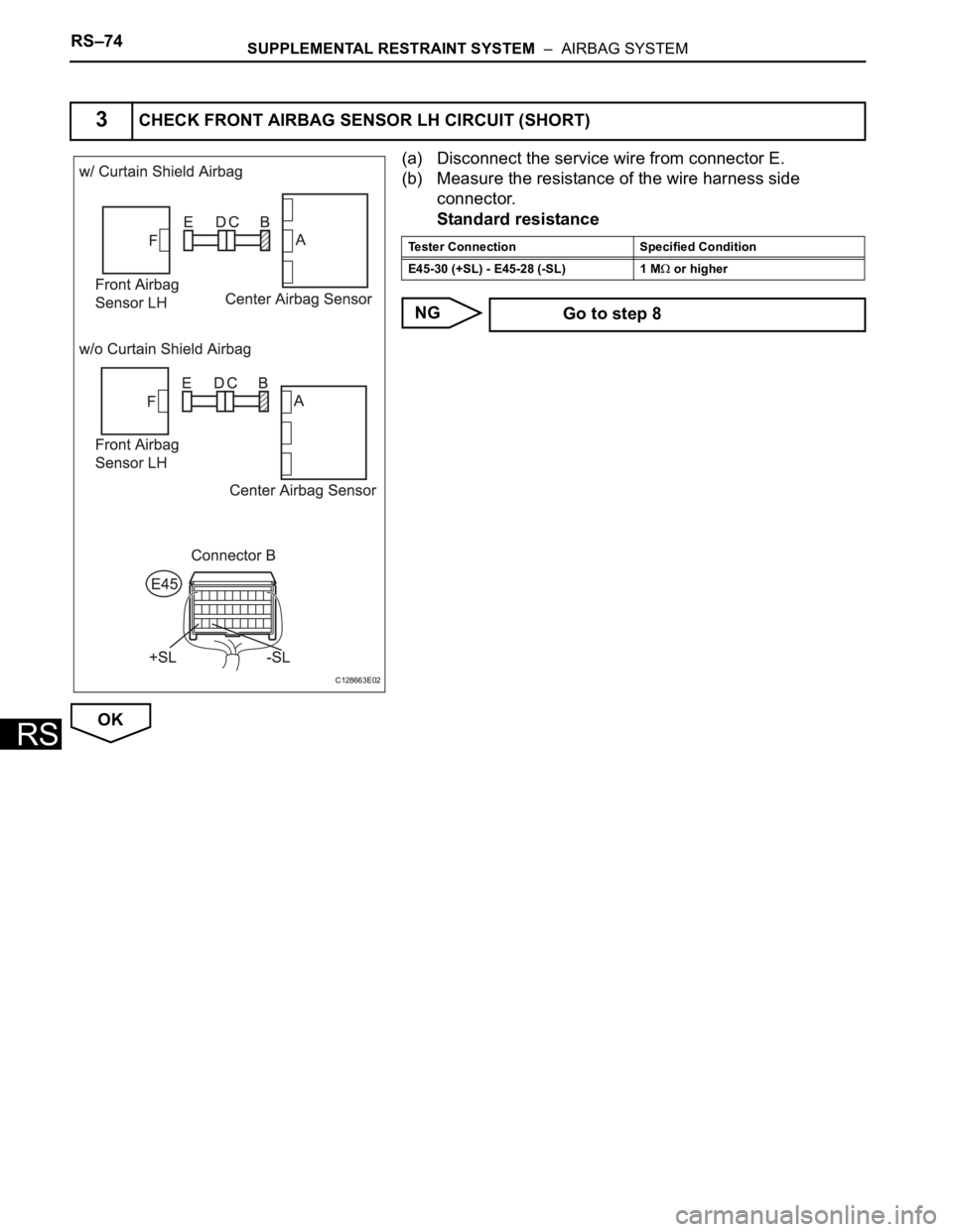 TOYOTA RAV4 2006 Service Repair Manual RS–74SUPPLEMENTAL RESTRAINT SYSTEM – AIRBAG SYSTEM
RS
(a) Disconnect the service wire from connector E.
(b) Measure the resistance of the wire harness side
connector.
Standard resistance
NG
OK
TOYOTA RAV4 2006 Service Repair Manual RS–74SUPPLEMENTAL RESTRAINT SYSTEM – AIRBAG SYSTEM
RS
(a) Disconnect the service wire from connector E.
(b) Measure the resistance of the wire harness side
connector.
Standard resistance
NG
OK