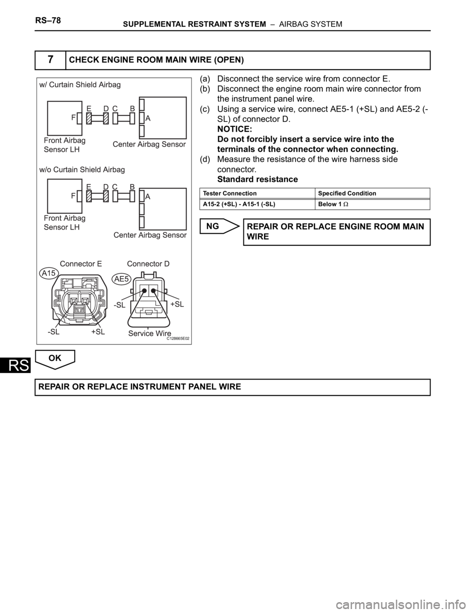 TOYOTA RAV4 2006  Service Repair Manual RS–78SUPPLEMENTAL RESTRAINT SYSTEM  –  AIRBAG SYSTEM
RS
(a) Disconnect the service wire from connector E.
(b) Disconnect the engine room main wire connector from 
the instrument panel wire.
(c) Us