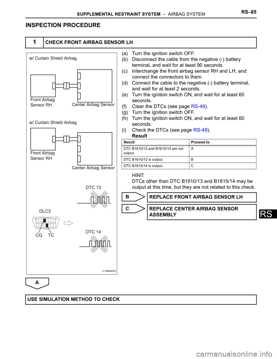 TOYOTA RAV4 2006  Service Repair Manual SUPPLEMENTAL RESTRAINT SYSTEM  –  AIRBAG SYSTEMRS–85
RS
INSPECTION PROCEDURE
(a) Turn the ignition switch OFF.
(b) Disconnect the cable from the negative (-) battery 
terminal, and wait for at lea