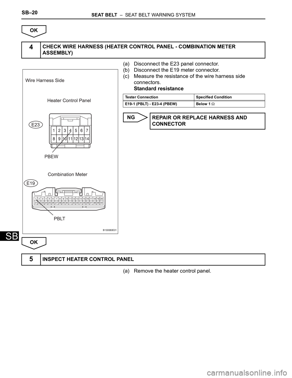 TOYOTA RAV4 2006  Service Repair Manual SB–20SEAT BELT  –  SEAT BELT WARNING SYSTEM
SB
OK
(a) Disconnect the E23 panel connector.
(b) Disconnect the E19 meter connector.
(c) Measure the resistance of the wire harness side 
connectors.
S