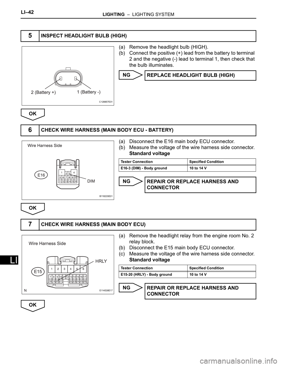TOYOTA RAV4 2006 Service Repair Manual LI–42LIGHTING – LIGHTING SYSTEM
LI
(a) Remove the headlight bulb (HIGH).
(b) Connect the positive (+) lead from the battery to terminal
2 and the negative (-) lead to terminal 1, then check tha TOYOTA RAV4 2006 Service Repair Manual LI–42LIGHTING – LIGHTING SYSTEM
LI
(a) Remove the headlight bulb (HIGH).
(b) Connect the positive (+) lead from the battery to terminal
2 and the negative (-) lead to terminal 1, then check tha