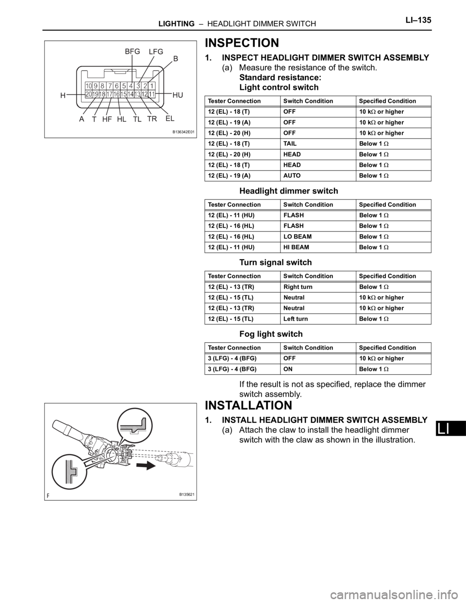 TOYOTA RAV4 2006 Service Repair Manual LIGHTING – HEADLIGHT DIMMER SWITCHLI–135
LI
INSPECTION
1. INSPECT HEADLIGHT DIMMER SWITCH ASSEMBLY
(a) Measure the resistance of the switch.
Standard resistance:
Light control switch
Headlight d TOYOTA RAV4 2006 Service Repair Manual LIGHTING – HEADLIGHT DIMMER SWITCHLI–135
LI
INSPECTION
1. INSPECT HEADLIGHT DIMMER SWITCH ASSEMBLY
(a) Measure the resistance of the switch.
Standard resistance:
Light control switch
Headlight d