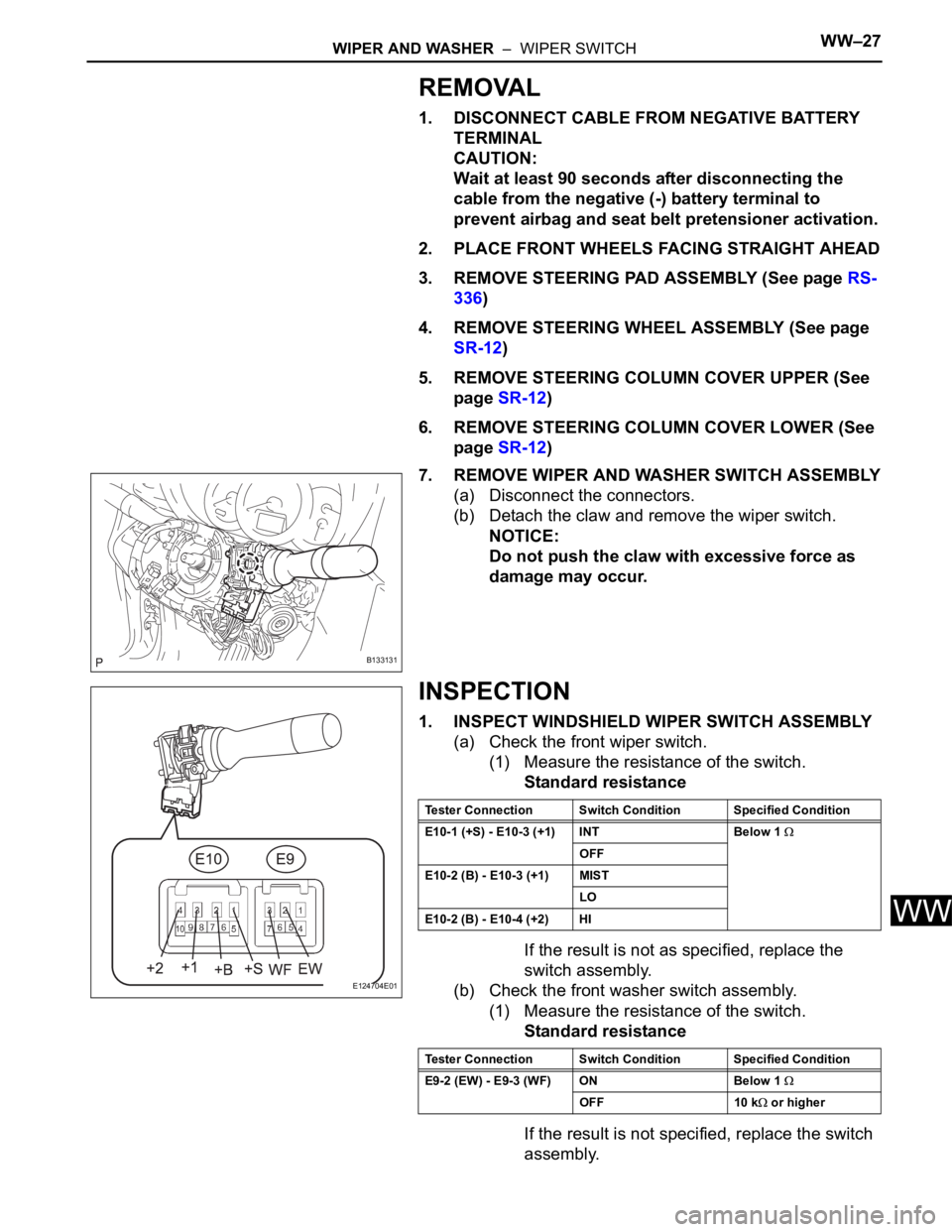 TOYOTA RAV4 2006 Service Repair Manual WIPER AND WASHER – WIPER SWITCHWW–27
WW
REMOVAL
1. DISCONNECT CABLE FROM NEGATIVE BATTERY
TERMINAL
CAUTION:
Wait at least 90 seconds after disconnecting the
cable from the negative (-) battery TOYOTA RAV4 2006 Service Repair Manual WIPER AND WASHER – WIPER SWITCHWW–27
WW
REMOVAL
1. DISCONNECT CABLE FROM NEGATIVE BATTERY
TERMINAL
CAUTION:
Wait at least 90 seconds after disconnecting the
cable from the negative (-) battery