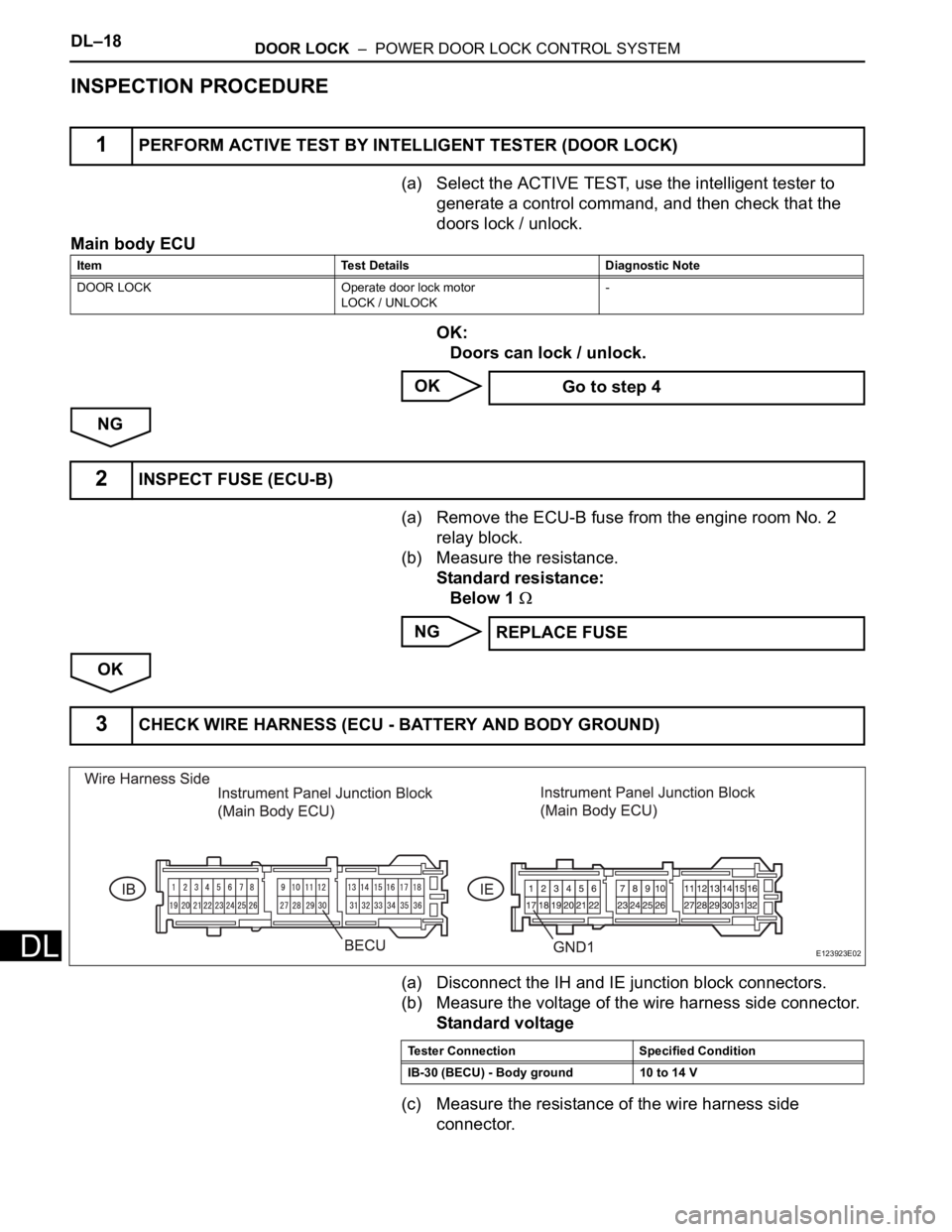 TOYOTA RAV4 2006 Service Repair Manual DL–18DOOR LOCK – POWER DOOR LOCK CONTROL SYSTEM
DL
INSPECTION PROCEDURE
(a) Select the ACTIVE TEST, use the intelligent tester to
generate a control command, and then check that the
doors lock TOYOTA RAV4 2006 Service Repair Manual DL–18DOOR LOCK – POWER DOOR LOCK CONTROL SYSTEM
DL
INSPECTION PROCEDURE
(a) Select the ACTIVE TEST, use the intelligent tester to
generate a control command, and then check that the
doors lock