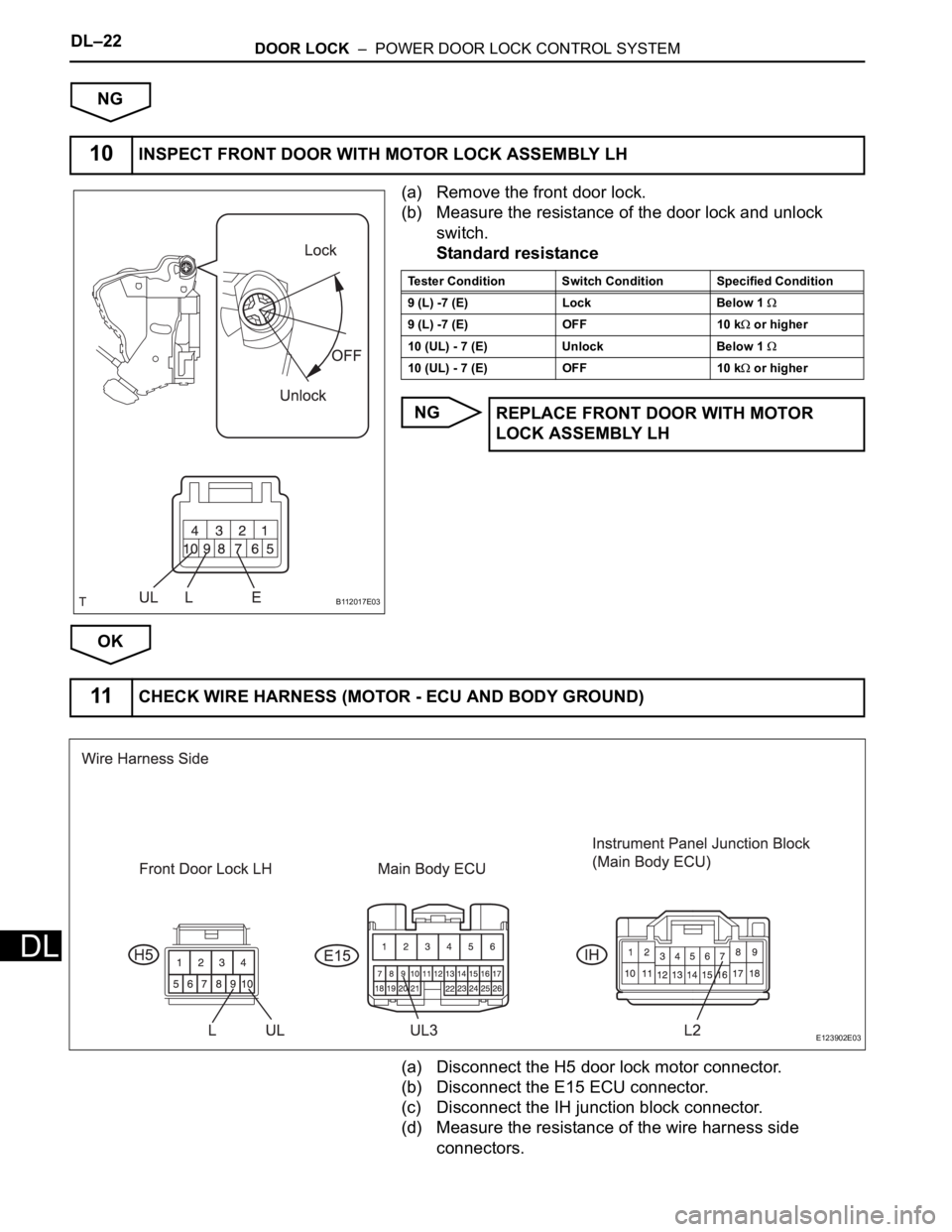 TOYOTA RAV4 2006 Service Repair Manual DL–22DOOR LOCK – POWER DOOR LOCK CONTROL SYSTEM
DL
NG
(a) Remove the front door lock.
(b) Measure the resistance of the door lock and unlock
switch.
Standard resistance
NG
OK
(a) Disconnect the TOYOTA RAV4 2006 Service Repair Manual DL–22DOOR LOCK – POWER DOOR LOCK CONTROL SYSTEM
DL
NG
(a) Remove the front door lock.
(b) Measure the resistance of the door lock and unlock
switch.
Standard resistance
NG
OK
(a) Disconnect the