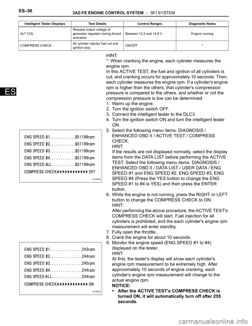 TOYOTA RAV4 2006 Service Repair Manual ES–562AZ-FE ENGINE CONTROL SYSTEM – SFI SYSTEM
ES
HINT:
*: When cranking the engine, each cylinder measures the
engine rpm.
In this ACTIVE TEST, the fuel and ignition of all cylinders is
cut, TOYOTA RAV4 2006 Service Repair Manual ES–562AZ-FE ENGINE CONTROL SYSTEM – SFI SYSTEM
ES
HINT:
*: When cranking the engine, each cylinder measures the
engine rpm.
In this ACTIVE TEST, the fuel and ignition of all cylinders is
cut,