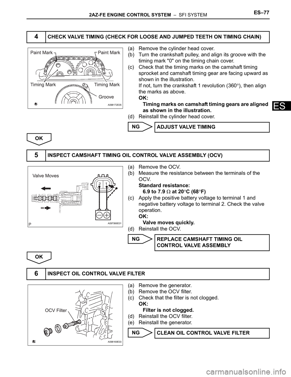 TOYOTA RAV4 2006 Service Repair Manual 2AZ-FE ENGINE CONTROL SYSTEM – SFI SYSTEMES–77
ES
(a) Remove the cylinder head cover.
(b) Turn the crankshaft pulley, and align its groove with the
timing mark "0" on the timing chain c TOYOTA RAV4 2006 Service Repair Manual 2AZ-FE ENGINE CONTROL SYSTEM – SFI SYSTEMES–77
ES
(a) Remove the cylinder head cover.
(b) Turn the crankshaft pulley, and align its groove with the
timing mark "0" on the timing chain c