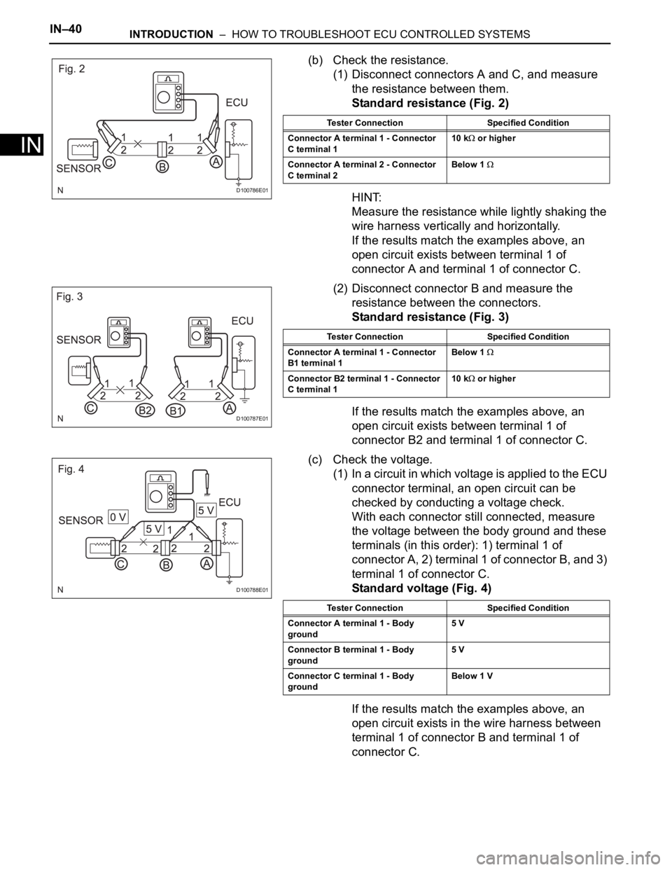 TOYOTA RAV4 2006 Service Repair Manual IN–40INTRODUCTION – HOW TO TROUBLESHOOT ECU CONTROLLED SYSTEMS
IN
(b) Check the resistance.
(1) Disconnect connectors A and C, and measure
the resistance between them.
Standard resistance (Fig. TOYOTA RAV4 2006 Service Repair Manual IN–40INTRODUCTION – HOW TO TROUBLESHOOT ECU CONTROLLED SYSTEMS
IN
(b) Check the resistance.
(1) Disconnect connectors A and C, and measure
the resistance between them.
Standard resistance (Fig.