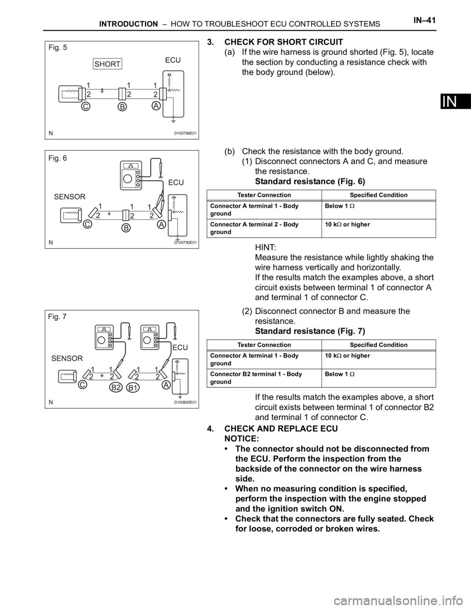 TOYOTA RAV4 2006 Service Repair Manual INTRODUCTION – HOW TO TROUBLESHOOT ECU CONTROLLED SYSTEMSIN–41
IN
3. CHECK FOR SHORT CIRCUIT
(a) If the wire harness is ground shorted (Fig. 5), locate
the section by conducting a resistance ch TOYOTA RAV4 2006 Service Repair Manual INTRODUCTION – HOW TO TROUBLESHOOT ECU CONTROLLED SYSTEMSIN–41
IN
3. CHECK FOR SHORT CIRCUIT
(a) If the wire harness is ground shorted (Fig. 5), locate
the section by conducting a resistance ch