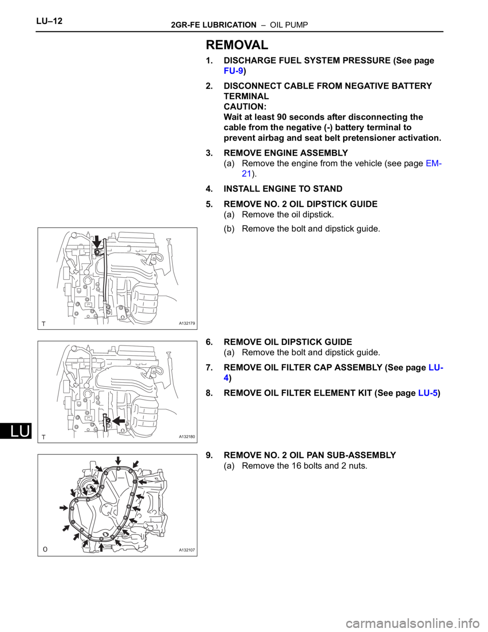 TOYOTA RAV4 2006  Service Repair Manual LU–122GR-FE LUBRICATION  –  OIL PUMP
LU
REMOVAL
1. DISCHARGE FUEL SYSTEM PRESSURE (See page 
FU-9)
2. DISCONNECT CABLE FROM NEGATIVE BATTERY 
TERMINAL
CAUTION:
Wait at least 90 seconds after disco