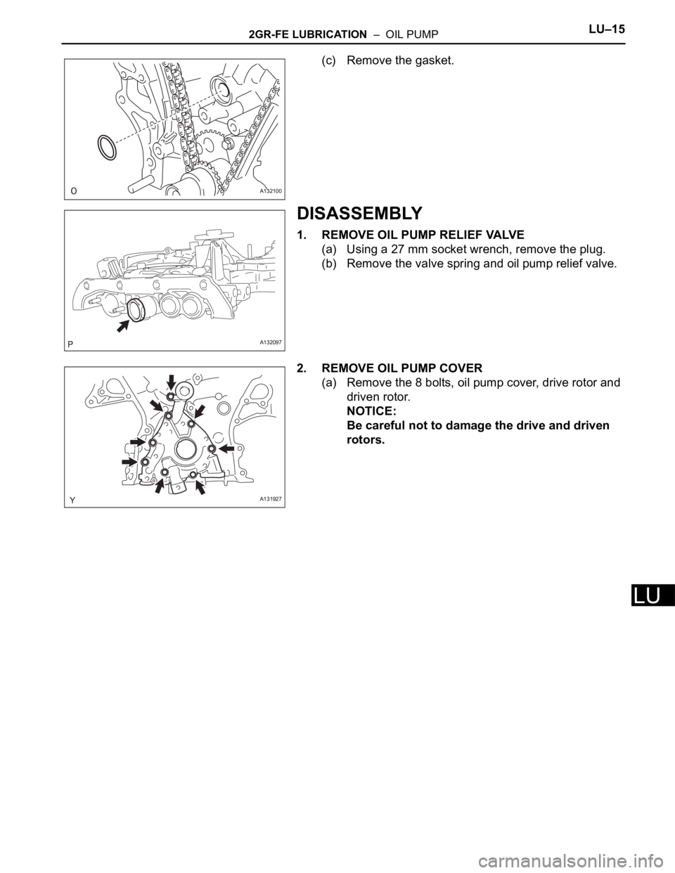 TOYOTA RAV4 2006  Service Repair Manual 2GR-FE LUBRICATION  –  OIL PUMPLU–15
LU
(c) Remove the gasket.
DISASSEMBLY
1. REMOVE OIL PUMP RELIEF VALVE
(a) Using a 27 mm socket wrench, remove the plug.
(b) Remove the valve spring and oil pum