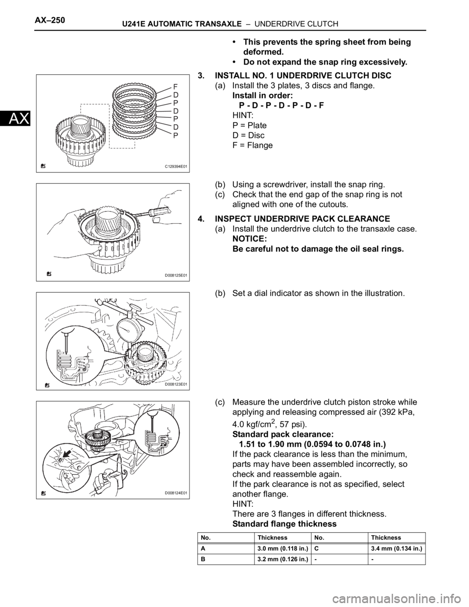 TOYOTA RAV4 2006  Service Repair Manual AX–250U241E AUTOMATIC TRANSAXLE  –  UNDERDRIVE CLUTCH
AX
• This prevents the spring sheet from being 
deformed.
• Do not expand the snap ring excessively.
3. INSTALL NO. 1 UNDERDRIVE CLUTCH DI