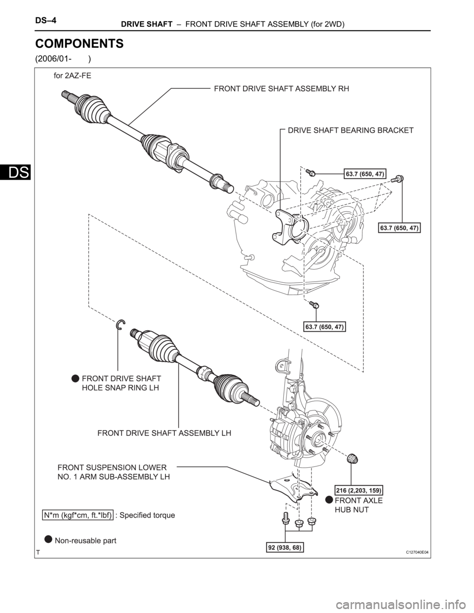 TOYOTA RAV4 2006  Service Repair Manual DS–4DRIVE SHAFT  –  FRONT DRIVE SHAFT ASSEMBLY (for 2WD)
DS
COMPONENTS
(2006/01-       )
C127040E04 