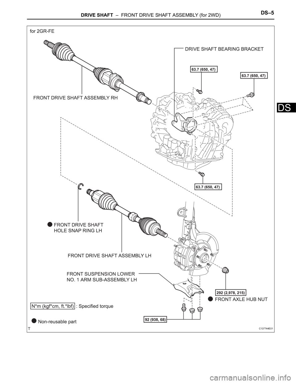 TOYOTA RAV4 2006  Service Repair Manual DRIVE SHAFT  –  FRONT DRIVE SHAFT ASSEMBLY (for 2WD)DS–5
DS
C137744E01 