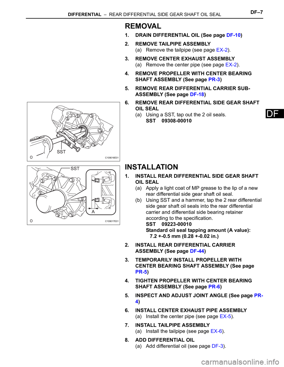 TOYOTA RAV4 2006 Service Repair Manual DIFFERENTIAL – REAR DIFFERENTIAL SIDE GEAR SHAFT OIL SEALDF–7
DF
REMOVAL
1. DRAIN DIFFERENTIAL OIL (See page DF-10)
2. REMOVE TAILPIPE ASSEMBLY
(a) Remove the tailpipe (see page EX-2).
3. REMOVE TOYOTA RAV4 2006 Service Repair Manual DIFFERENTIAL – REAR DIFFERENTIAL SIDE GEAR SHAFT OIL SEALDF–7
DF
REMOVAL
1. DRAIN DIFFERENTIAL OIL (See page DF-10)
2. REMOVE TAILPIPE ASSEMBLY
(a) Remove the tailpipe (see page EX-2).
3. REMOVE