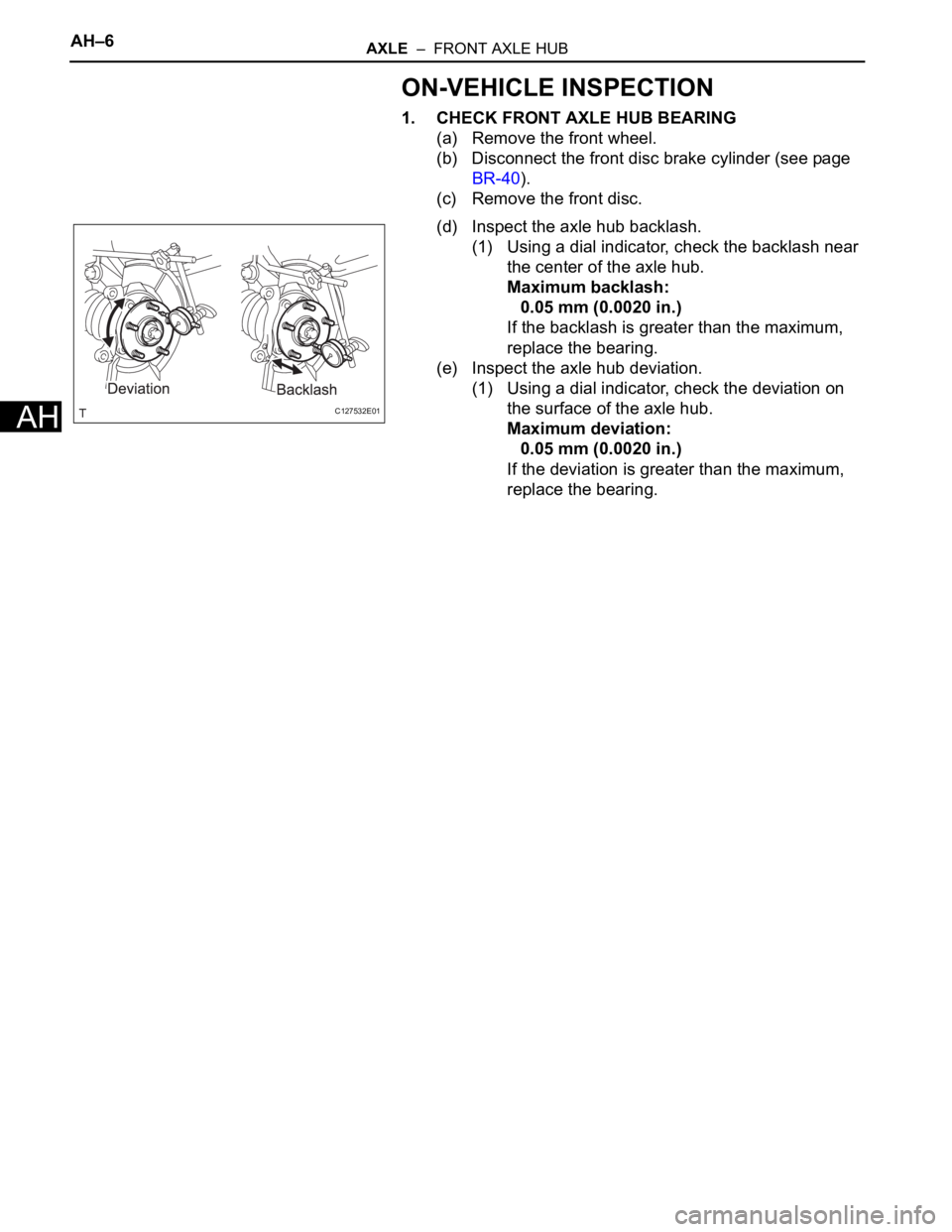 TOYOTA RAV4 2006 Service Repair Manual AH–6AXLE – FRONT AXLE HUB
AH
ON-VEHICLE INSPECTION
1. CHECK FRONT AXLE HUB BEARING
(a) Remove the front wheel.
(b) Disconnect the front disc brake cylinder (see page
BR-40).
(c) Remove the fron TOYOTA RAV4 2006 Service Repair Manual AH–6AXLE – FRONT AXLE HUB
AH
ON-VEHICLE INSPECTION
1. CHECK FRONT AXLE HUB BEARING
(a) Remove the front wheel.
(b) Disconnect the front disc brake cylinder (see page
BR-40).
(c) Remove the fron