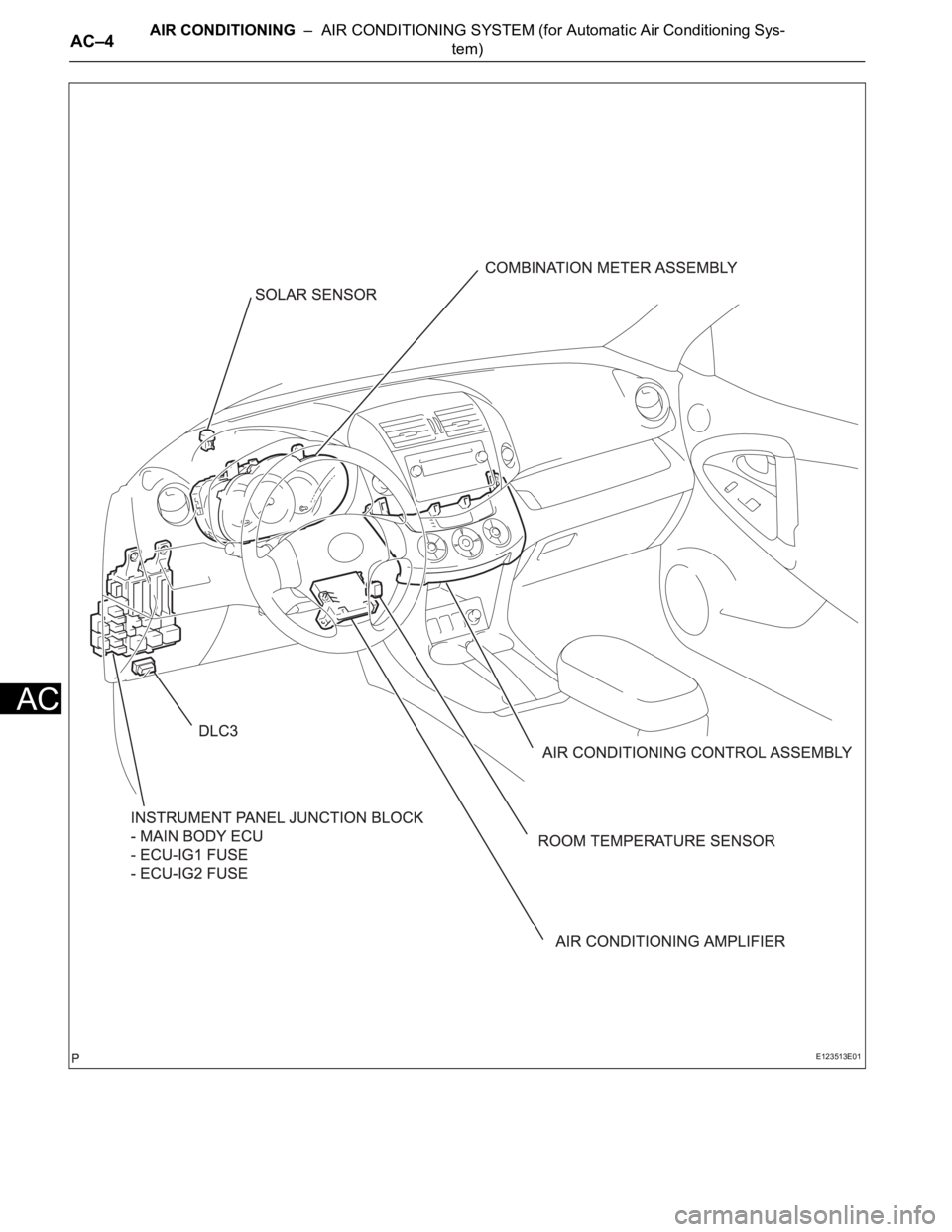 TOYOTA RAV4 2006  Service Repair Manual AC–4AIR CONDITIONING  –  AIR CONDITIONING SYSTEM (for Automatic Air Conditioning Sys-
tem)
AC
E123513E01 