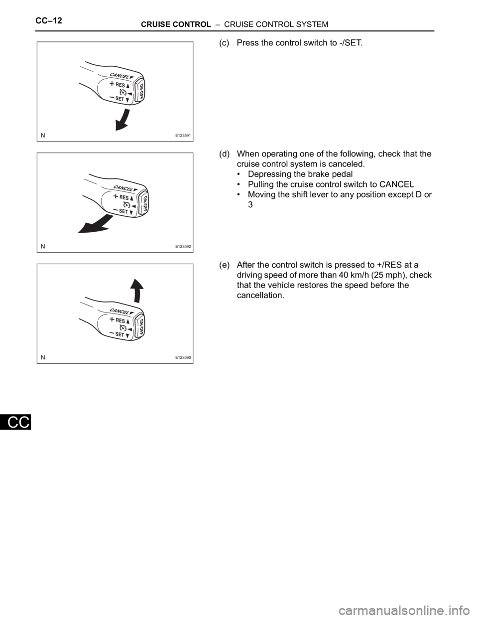 TOYOTA RAV4 2006 Service Repair Manual CC–12CRUISE CONTROL – CRUISE CONTROL SYSTEM
CC
(c) Press the control switch to -/SET.
(d) When operating one of the following, check that the
cruise control system is canceled.
• Depressing t TOYOTA RAV4 2006 Service Repair Manual CC–12CRUISE CONTROL – CRUISE CONTROL SYSTEM
CC
(c) Press the control switch to -/SET.
(d) When operating one of the following, check that the
cruise control system is canceled.
• Depressing t