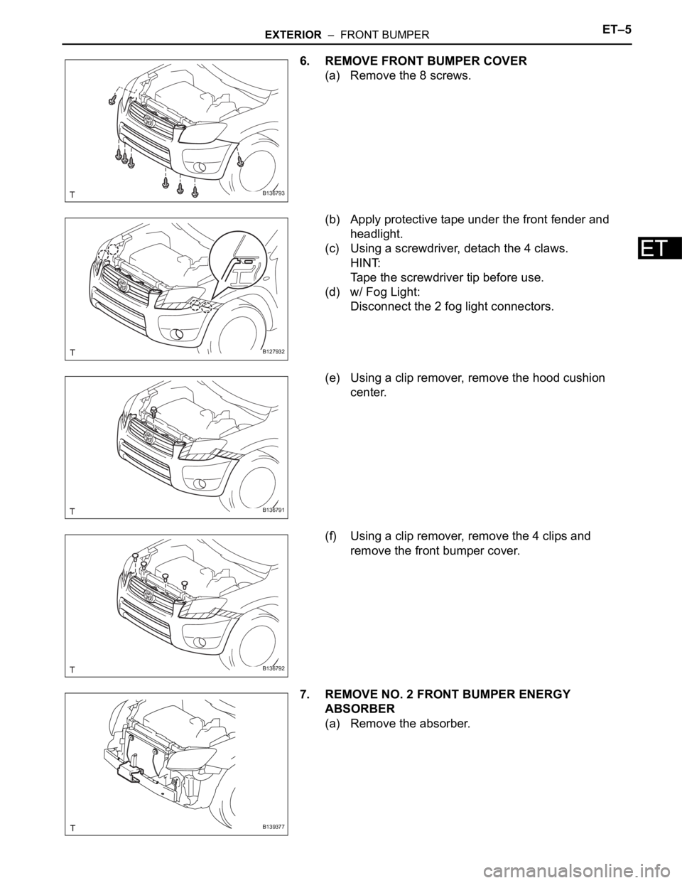 TOYOTA RAV4 2006  Service Repair Manual EXTERIOR  –  FRONT BUMPERET–5
ET
6. REMOVE FRONT BUMPER COVER
(a) Remove the 8 screws.
(b) Apply protective tape under the front fender and 
headlight.
(c) Using a screwdriver, detach the 4 claws.