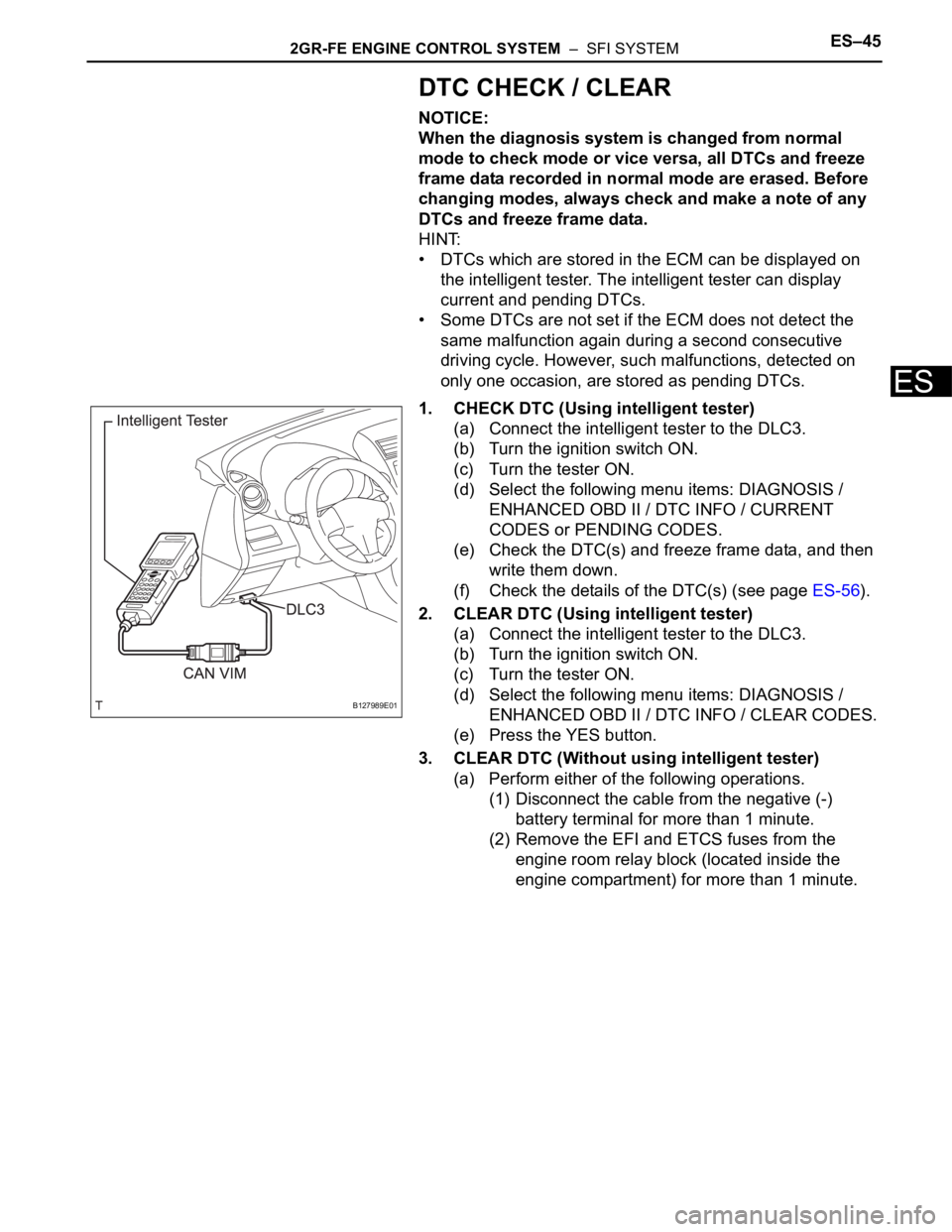 TOYOTA RAV4 2006 Service Repair Manual 2GR-FE ENGINE CONTROL SYSTEM – SFI SYSTEMES–45
ES
DTC CHECK / CLEAR
NOTICE:
When the diagnosis system is changed from normal
mode to check mode or vice versa, all DTCs and freeze
frame data re TOYOTA RAV4 2006 Service Repair Manual 2GR-FE ENGINE CONTROL SYSTEM – SFI SYSTEMES–45
ES
DTC CHECK / CLEAR
NOTICE:
When the diagnosis system is changed from normal
mode to check mode or vice versa, all DTCs and freeze
frame data re