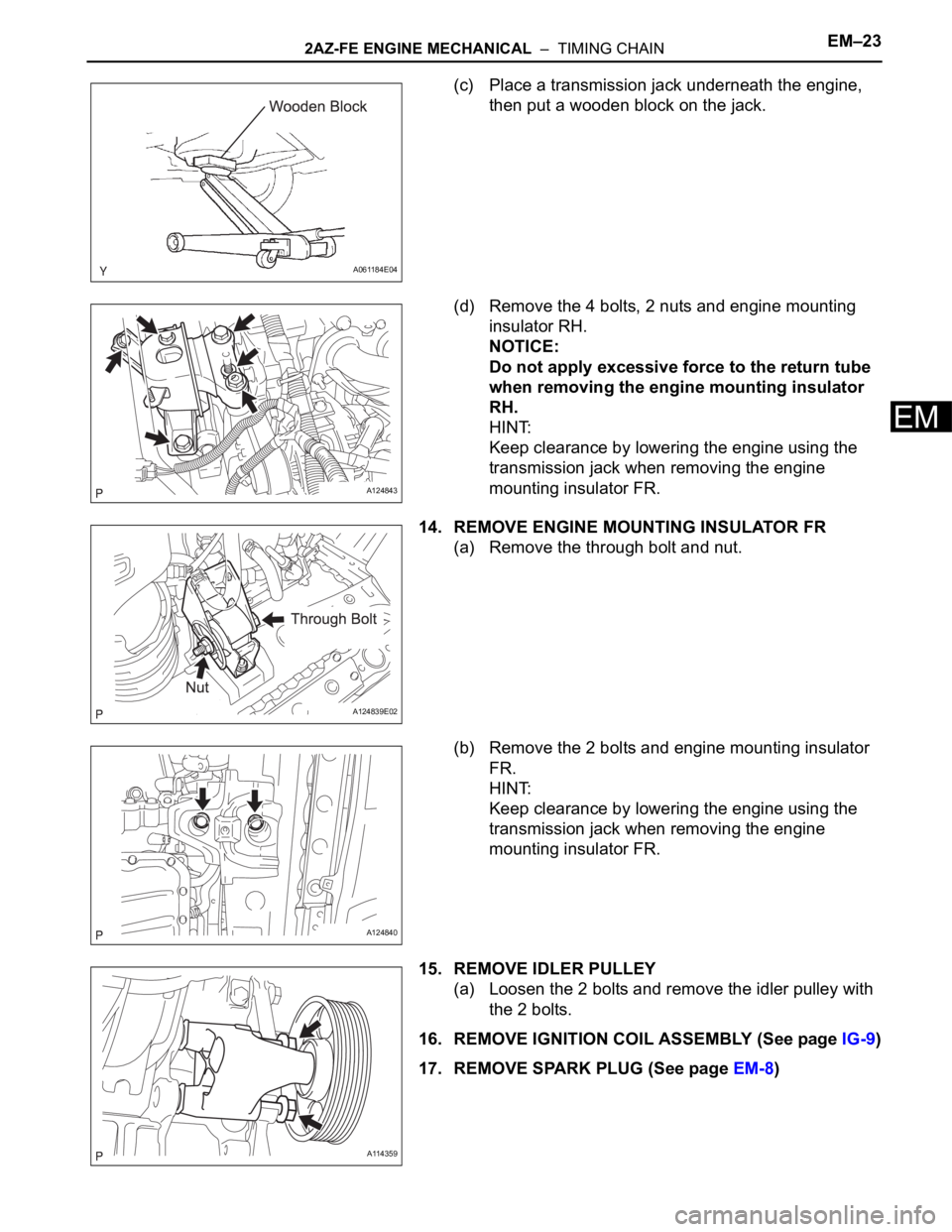 TOYOTA RAV4 2006  Service Repair Manual 2AZ-FE ENGINE MECHANICAL  –  TIMING CHAINEM–23
EM
(c) Place a transmission jack underneath the engine, 
then put a wooden block on the jack.
(d) Remove the 4 bolts, 2 nuts and engine mounting 
ins