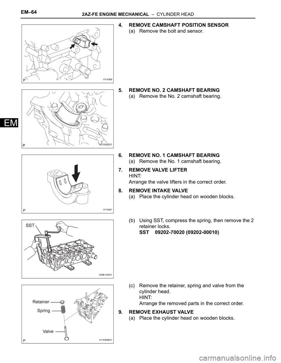 TOYOTA RAV4 2006  Service Repair Manual EM–642AZ-FE ENGINE MECHANICAL  –  CYLINDER HEAD
EM
4. REMOVE CAMSHAFT POSITION SENSOR
(a) Remove the bolt and sensor.
5. REMOVE NO. 2 CAMSHAFT BEARING
(a) Remove the No. 2 camshaft bearing.
6. REM