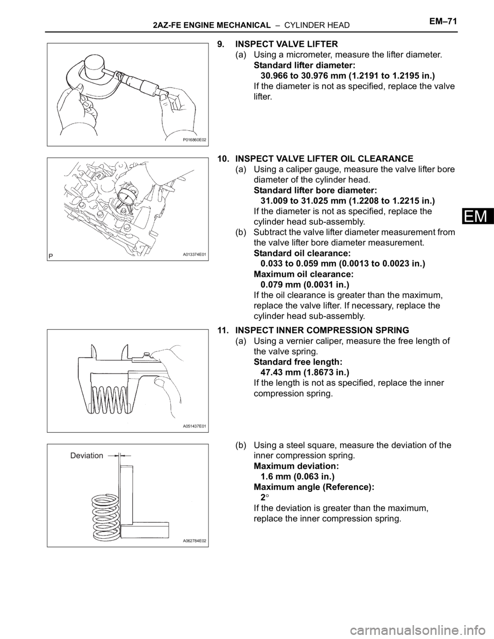 TOYOTA RAV4 2006 Service Repair Manual 2AZ-FE ENGINE MECHANICAL – CYLINDER HEADEM–71
EM
9. INSPECT VALVE LIFTER
(a) Using a micrometer, measure the lifter diameter.
Standard lifter diameter:
30.966 to 30.976 mm (1.2191 to 1.2195 in.) TOYOTA RAV4 2006 Service Repair Manual 2AZ-FE ENGINE MECHANICAL – CYLINDER HEADEM–71
EM
9. INSPECT VALVE LIFTER
(a) Using a micrometer, measure the lifter diameter.
Standard lifter diameter:
30.966 to 30.976 mm (1.2191 to 1.2195 in.)