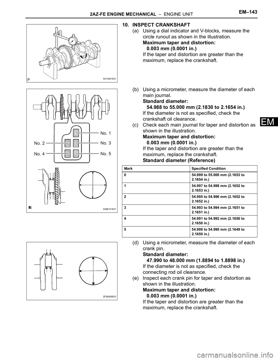 TOYOTA RAV4 2006 Service Repair Manual 2AZ-FE ENGINE MECHANICAL – ENGINE UNITEM–143
EM
10. INSPECT CRANKSHAFT
(a) Using a dial indicator and V-blocks, measure the
circle runout as shown in the illustration.
Maximum taper and distort TOYOTA RAV4 2006 Service Repair Manual 2AZ-FE ENGINE MECHANICAL – ENGINE UNITEM–143
EM
10. INSPECT CRANKSHAFT
(a) Using a dial indicator and V-blocks, measure the
circle runout as shown in the illustration.
Maximum taper and distort