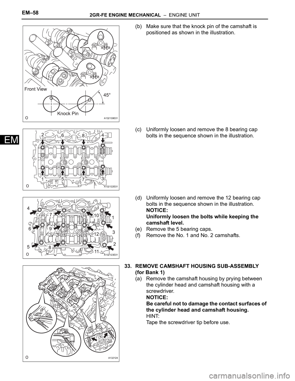 TOYOTA RAV4 2006 Service Repair Manual EM–582GR-FE ENGINE MECHANICAL – ENGINE UNIT
EM
(b) Make sure that the knock pin of the camshaft is
positioned as shown in the illustration.
(c) Uniformly loosen and remove the 8 bearing cap
bo TOYOTA RAV4 2006 Service Repair Manual EM–582GR-FE ENGINE MECHANICAL – ENGINE UNIT
EM
(b) Make sure that the knock pin of the camshaft is
positioned as shown in the illustration.
(c) Uniformly loosen and remove the 8 bearing cap
bo
