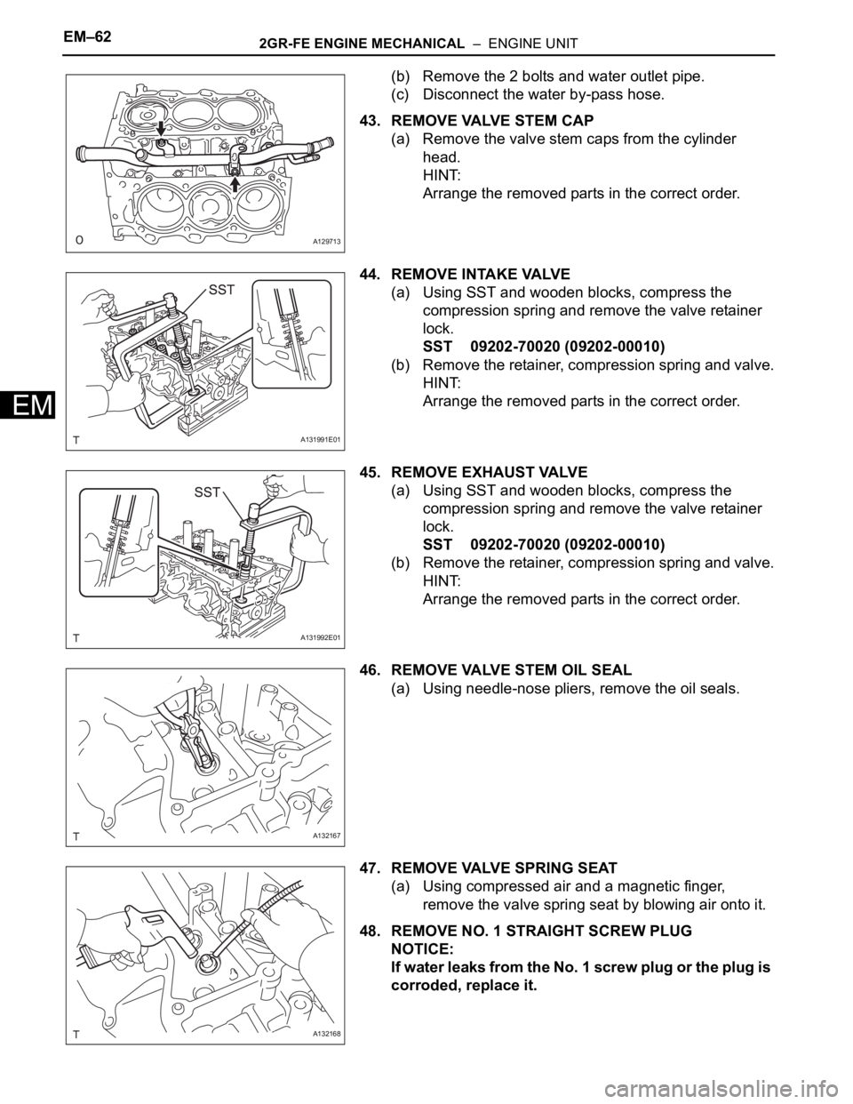 TOYOTA RAV4 2006 Service Repair Manual EM–622GR-FE ENGINE MECHANICAL – ENGINE UNIT
EM
(b) Remove the 2 bolts and water outlet pipe.
(c) Disconnect the water by-pass hose.
43. REMOVE VALVE STEM CAP
(a) Remove the valve stem caps from TOYOTA RAV4 2006 Service Repair Manual EM–622GR-FE ENGINE MECHANICAL – ENGINE UNIT
EM
(b) Remove the 2 bolts and water outlet pipe.
(c) Disconnect the water by-pass hose.
43. REMOVE VALVE STEM CAP
(a) Remove the valve stem caps from