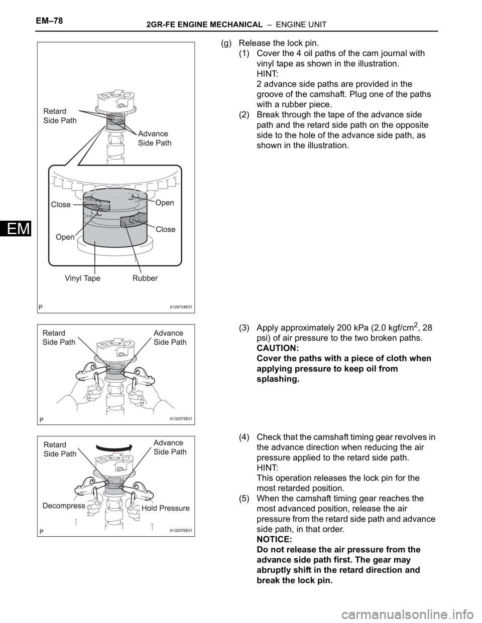 TOYOTA RAV4 2006  Service Repair Manual EM–782GR-FE ENGINE MECHANICAL  –  ENGINE UNIT
EM
(g) Release the lock pin.
(1) Cover the 4 oil paths of the cam journal with 
vinyl tape as shown in the illustration.
HINT:
2 advance side paths ar