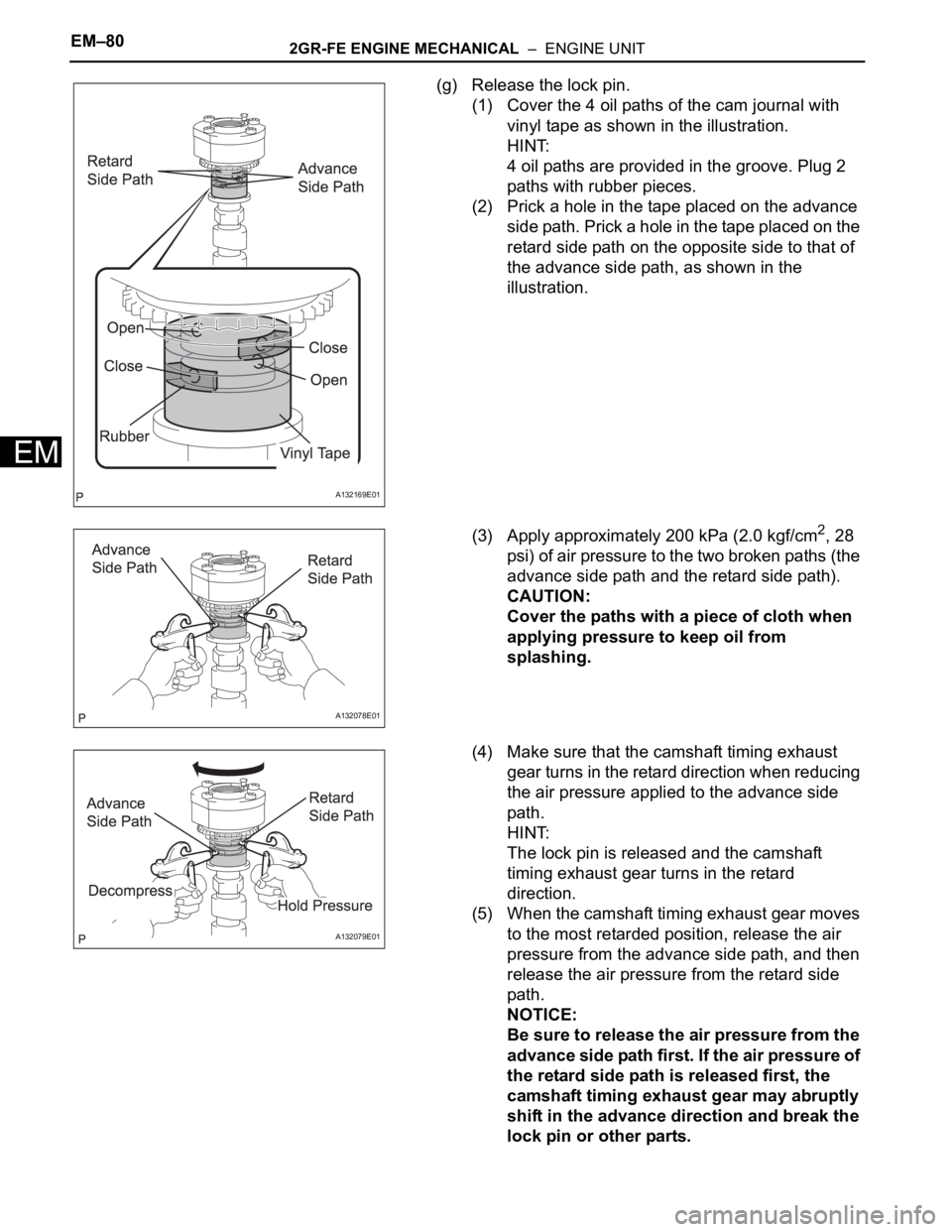 TOYOTA RAV4 2006  Service Repair Manual EM–802GR-FE ENGINE MECHANICAL  –  ENGINE UNIT
EM
(g) Release the lock pin.
(1) Cover the 4 oil paths of the cam journal with 
vinyl tape as shown in the illustration.
HINT:
4 oil paths are provide