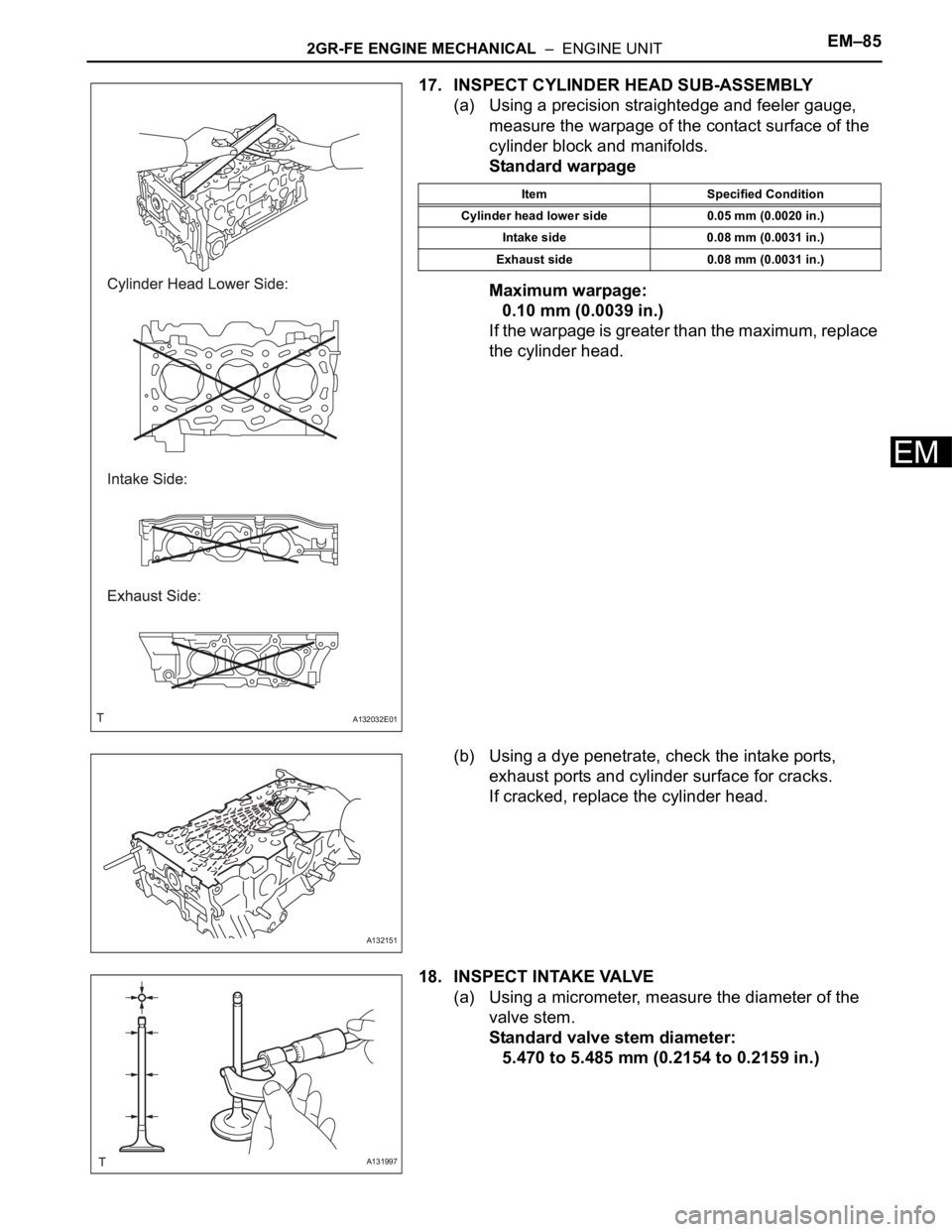 TOYOTA RAV4 2006  Service Repair Manual 2GR-FE ENGINE MECHANICAL  –  ENGINE UNITEM–85
EM
17. INSPECT CYLINDER HEAD SUB-ASSEMBLY
(a) Using a precision straightedge and feeler gauge, 
measure the warpage of the contact surface of the 
cyl