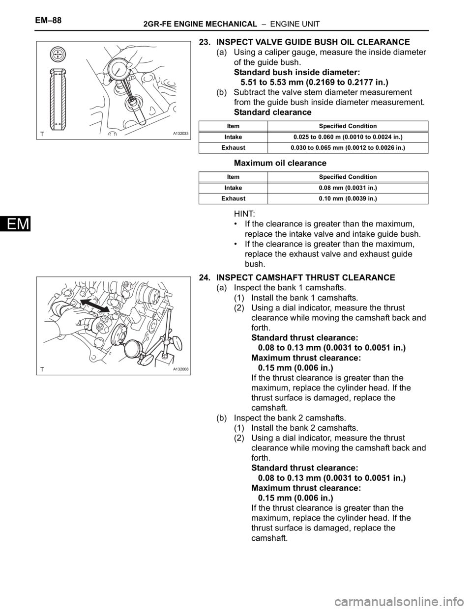 TOYOTA RAV4 2006  Service Repair Manual EM–882GR-FE ENGINE MECHANICAL  –  ENGINE UNIT
EM
23. INSPECT VALVE GUIDE BUSH OIL CLEARANCE
(a) Using a caliper gauge, measure the inside diameter 
of the guide bush.
Standard bush inside diameter