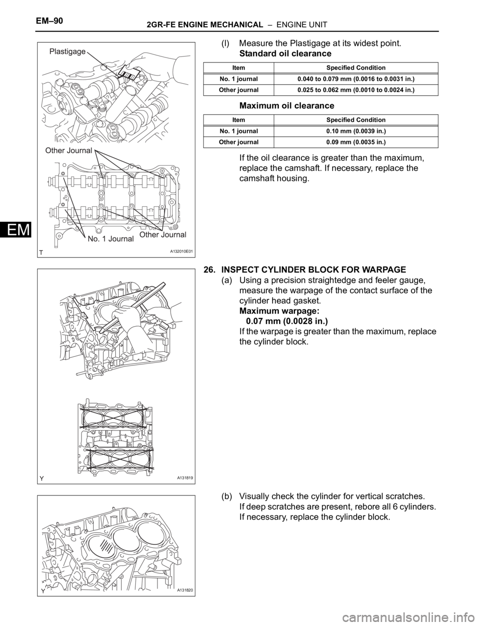 TOYOTA RAV4 2006  Service Repair Manual EM–902GR-FE ENGINE MECHANICAL  –  ENGINE UNIT
EM
(l) Measure the Plastigage at its widest point.
Standard oil clearance
Maximum oil clearance
If the oil clearance is greater than the maximum, 
rep