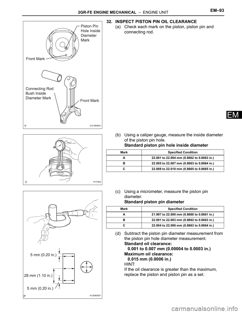 TOYOTA RAV4 2006  Service Repair Manual 2GR-FE ENGINE MECHANICAL  –  ENGINE UNITEM–93
EM
32. INSPECT PISTON PIN OIL CLEARANCE
(a) Check each mark on the piston, piston pin and 
connecting rod.
(b) Using a caliper gauge, measure the insi