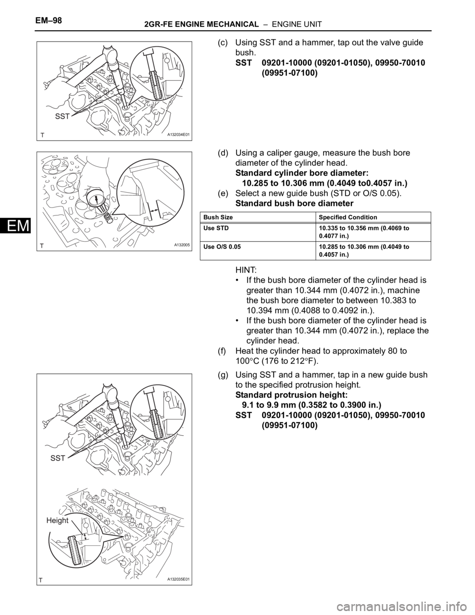 TOYOTA RAV4 2006 Service Repair Manual EM–982GR-FE ENGINE MECHANICAL – ENGINE UNIT
EM
(c) Using SST and a hammer, tap out the valve guide
bush.
SST 09201-10000 (09201-01050), 09950-70010
(09951-07100)
(d) Using a caliper gauge, mea TOYOTA RAV4 2006 Service Repair Manual EM–982GR-FE ENGINE MECHANICAL – ENGINE UNIT
EM
(c) Using SST and a hammer, tap out the valve guide
bush.
SST 09201-10000 (09201-01050), 09950-70010
(09951-07100)
(d) Using a caliper gauge, mea