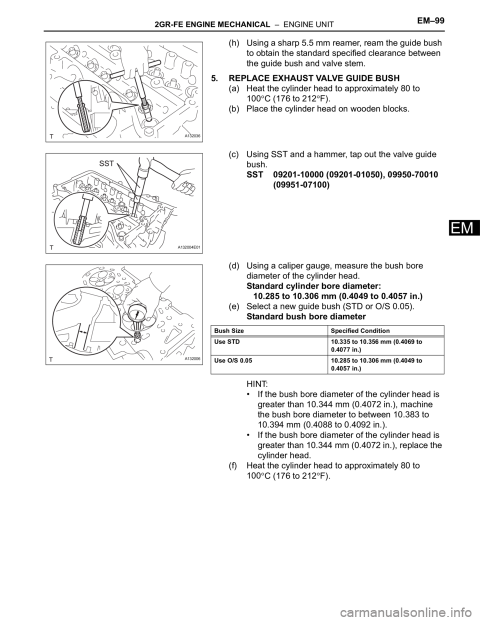 TOYOTA RAV4 2006 Service Repair Manual 2GR-FE ENGINE MECHANICAL – ENGINE UNITEM–99
EM
(h) Using a sharp 5.5 mm reamer, ream the guide bush
to obtain the standard specified clearance between
the guide bush and valve stem.
5. REPLACE TOYOTA RAV4 2006 Service Repair Manual 2GR-FE ENGINE MECHANICAL – ENGINE UNITEM–99
EM
(h) Using a sharp 5.5 mm reamer, ream the guide bush
to obtain the standard specified clearance between
the guide bush and valve stem.
5. REPLACE