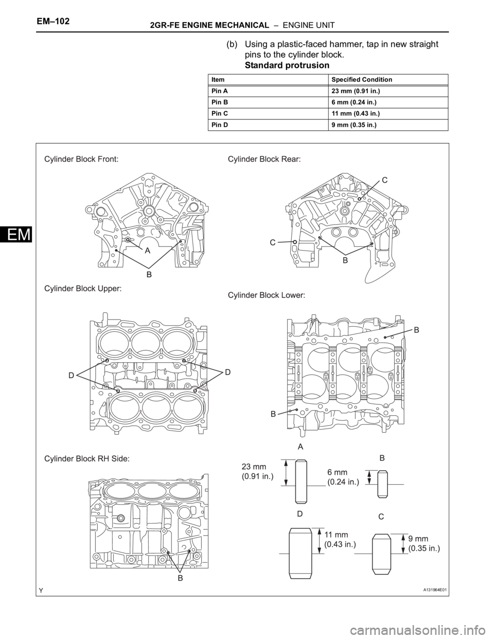 TOYOTA RAV4 2006 Service Repair Manual EM–1022GR-FE ENGINE MECHANICAL – ENGINE UNIT
EM
(b) Using a plastic-faced hammer, tap in new straight
pins to the cylinder block.
Standard protrusion
Item Specified Condition
Pin A 23 mm (0.91 TOYOTA RAV4 2006 Service Repair Manual EM–1022GR-FE ENGINE MECHANICAL – ENGINE UNIT
EM
(b) Using a plastic-faced hammer, tap in new straight
pins to the cylinder block.
Standard protrusion
Item Specified Condition
Pin A 23 mm (0.91