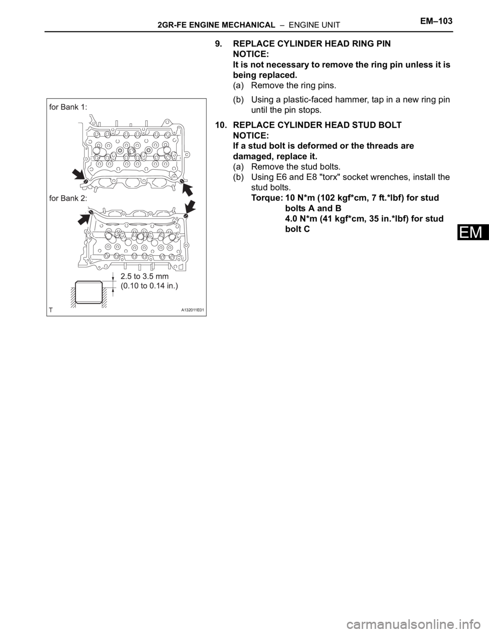 TOYOTA RAV4 2006 Service Repair Manual 2GR-FE ENGINE MECHANICAL – ENGINE UNITEM–103
EM
9. REPLACE CYLINDER HEAD RING PIN
NOTICE:
It is not necessary to remove the ring pin unless it is
being replaced.
(a) Remove the ring pins.
(b) U TOYOTA RAV4 2006 Service Repair Manual 2GR-FE ENGINE MECHANICAL – ENGINE UNITEM–103
EM
9. REPLACE CYLINDER HEAD RING PIN
NOTICE:
It is not necessary to remove the ring pin unless it is
being replaced.
(a) Remove the ring pins.
(b) U