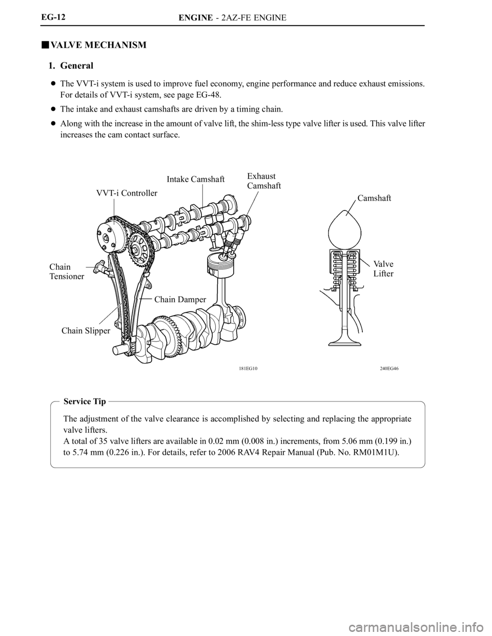TOYOTA RAV4 2006  Service Repair Manual ENGINE  -  2AZ-FE  ENGINE
240EG46 181EG10
VVT-i ControllerIntake CamshaftExhaust
Camshaft
Chain
Te n s i o n e r
Chain Damper
Chain SlipperCamshaft
Va l v e
Lifter
Service Tip
The adjustment  of the v