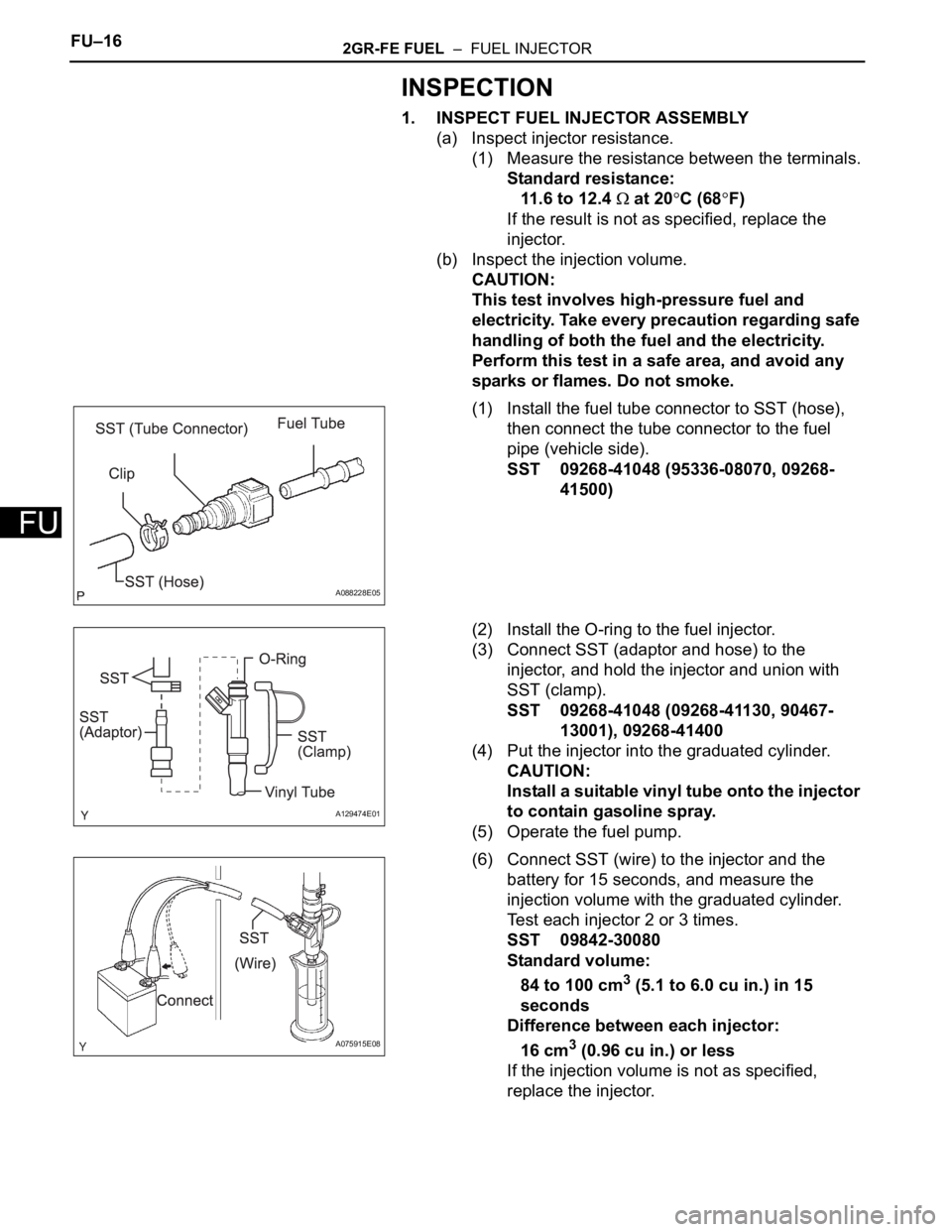 TOYOTA RAV4 2006  Service Repair Manual FU–162GR-FE FUEL  –  FUEL INJECTOR
FU
INSPECTION
1. INSPECT FUEL INJECTOR ASSEMBLY
(a) Inspect injector resistance.
(1) Measure the resistance between the terminals.
Standard resistance:
11.6 to 1