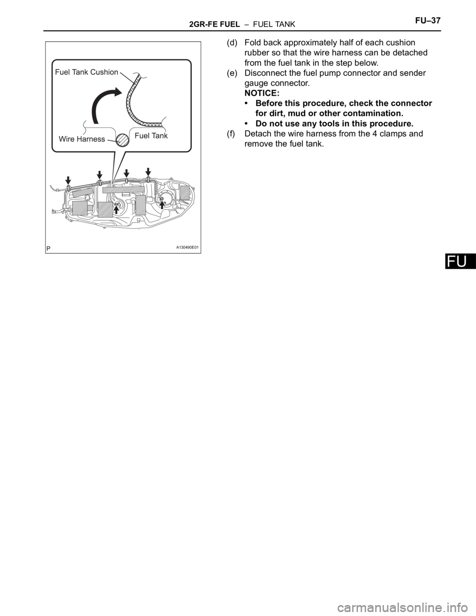 TOYOTA RAV4 2006  Service Repair Manual 2GR-FE FUEL  –  FUEL TANKFU–37
FU
(d) Fold back approximately half of each cushion 
rubber so that the wire harness can be detached 
from the fuel tank in the step below.
(e) Disconnect the fuel p