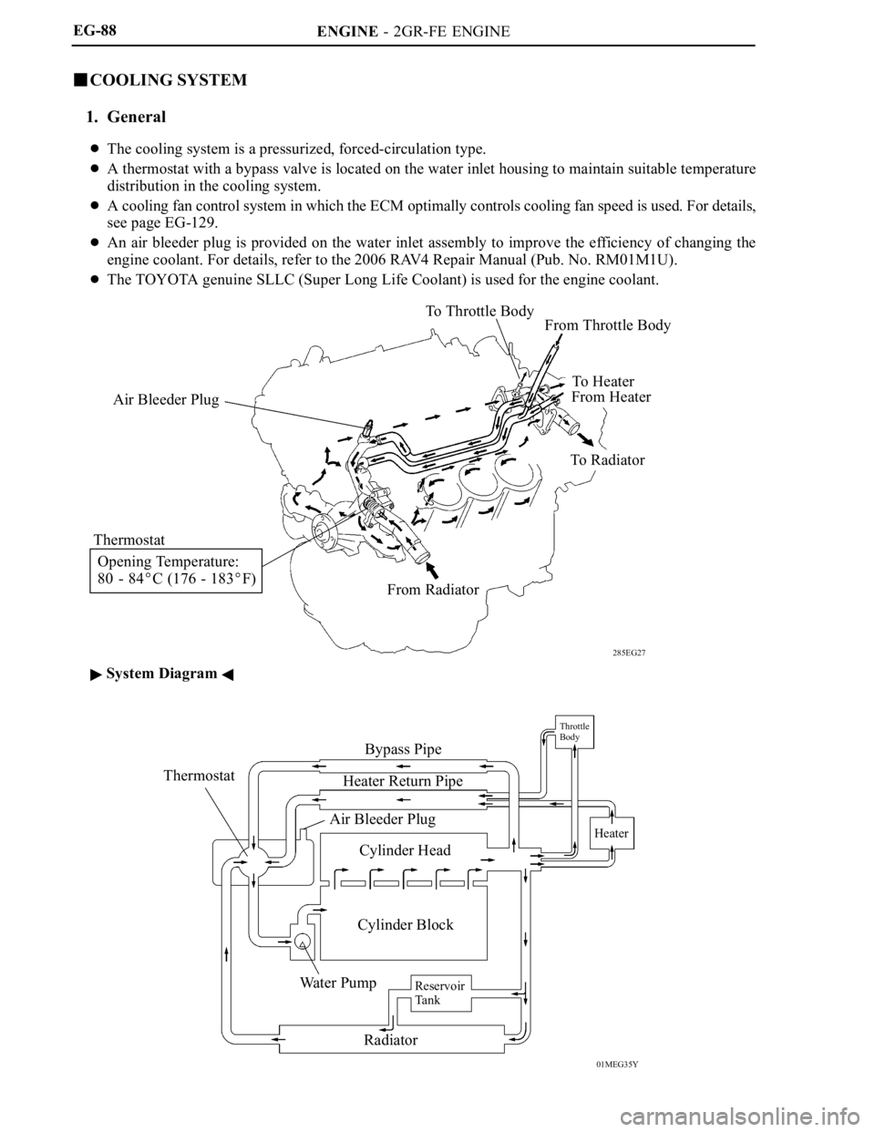 TOYOTA RAV4 2006  Service Repair Manual ENGINE  -  2GR-FE  ENGINE
285EG27
Air Bleeder PlugTo Throttle Body
From Throttle Body
To   H e a t e r
From Heater
To Radiator
From Radiator Thermostat
Opening Temperature:
80  -  84
C (176 - 183F)
01