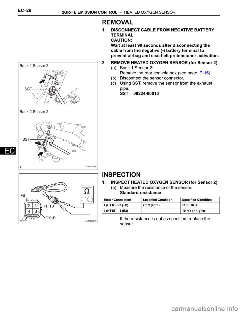 TOYOTA RAV4 2006 Service Repair Manual EC–262GR-FE EMISSION CONTROL – HEATED OXYGEN SENSOR
EC
REMOVAL
1. DISCONNECT CABLE FROM NEGATIVE BATTERY
TERMINAL
CAUTION:
Wait at least 90 seconds after disconnecting the
cable from the negat TOYOTA RAV4 2006 Service Repair Manual EC–262GR-FE EMISSION CONTROL – HEATED OXYGEN SENSOR
EC
REMOVAL
1. DISCONNECT CABLE FROM NEGATIVE BATTERY
TERMINAL
CAUTION:
Wait at least 90 seconds after disconnecting the
cable from the negat