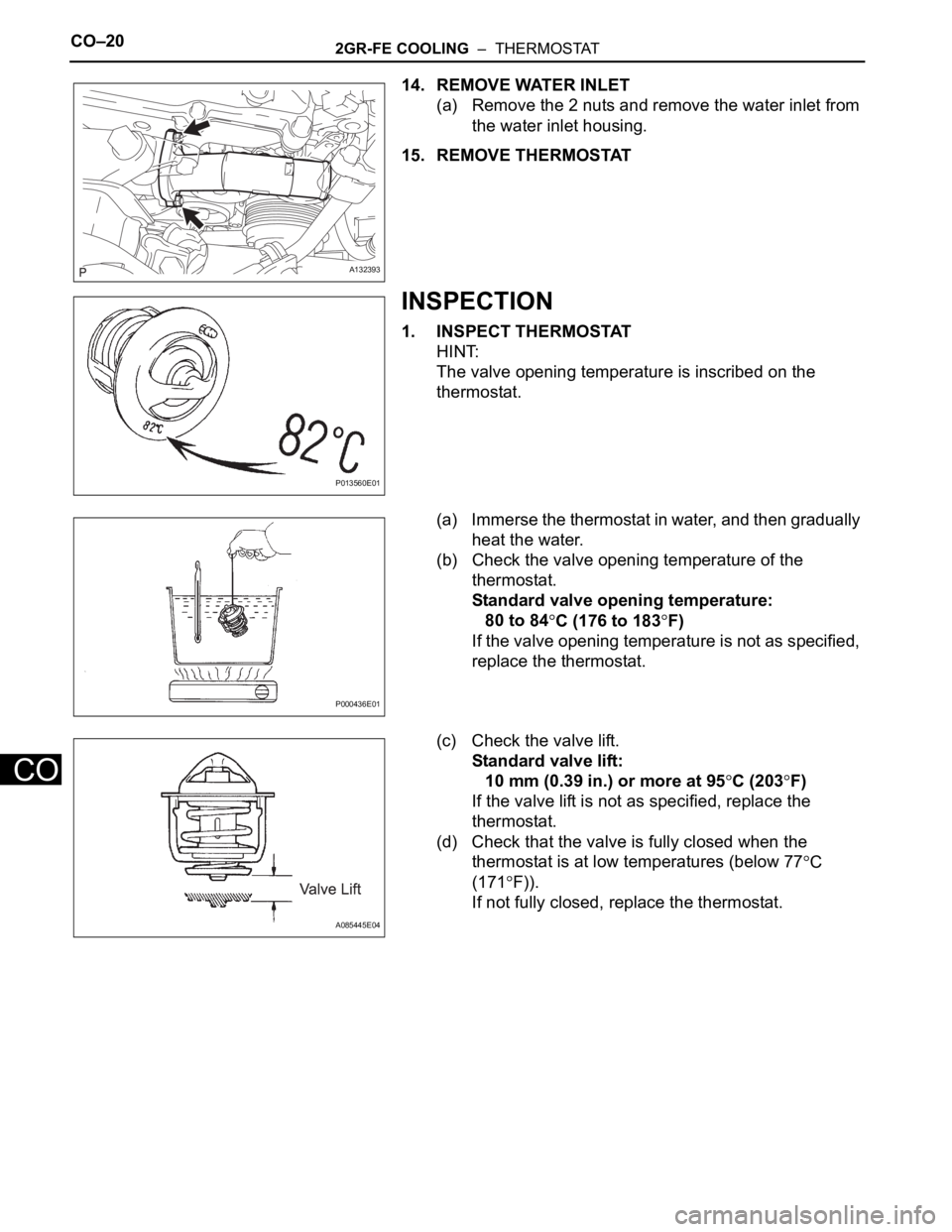 TOYOTA RAV4 2006  Service Repair Manual CO–202GR-FE COOLING  –  THERMOSTAT
CO
14. REMOVE WATER INLET
(a) Remove the 2 nuts and remove the water inlet from 
the water inlet housing.
15. REMOVE THERMOSTAT
INSPECTION
1. INSPECT THERMOSTAT
