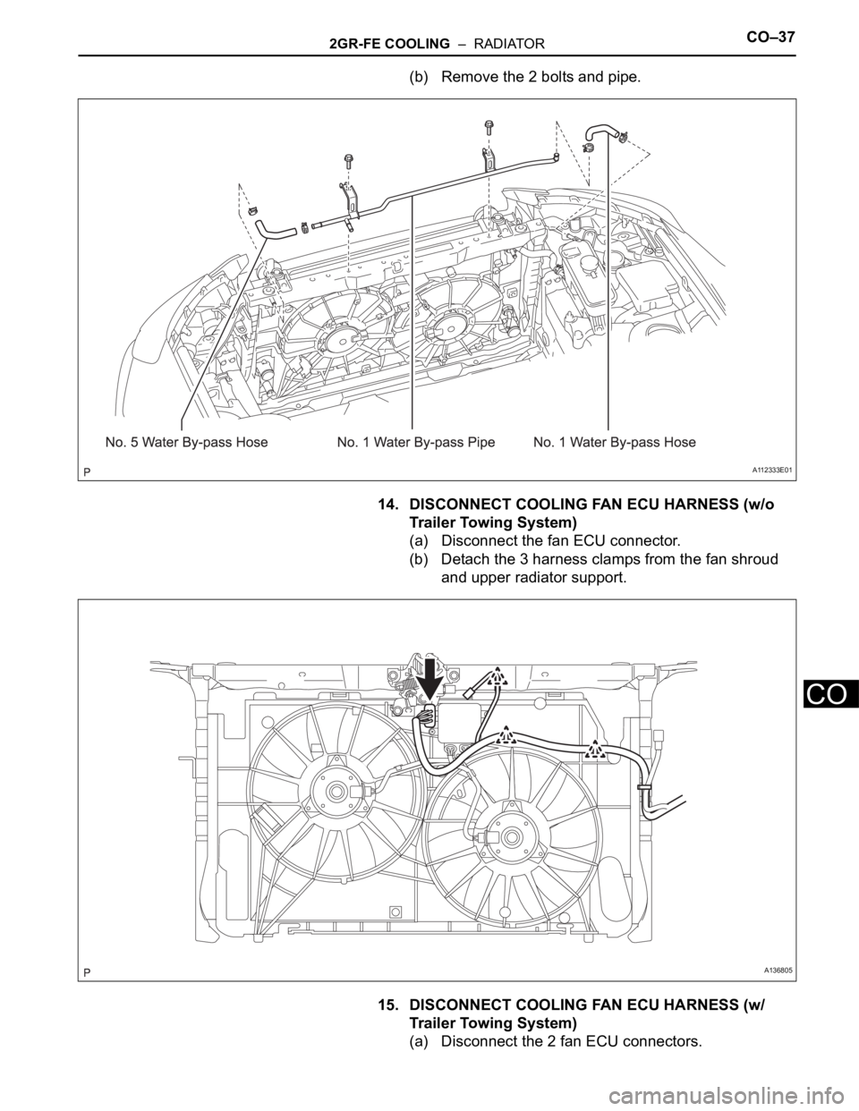 TOYOTA RAV4 2006  Service Repair Manual 2GR-FE COOLING  –  RADIATORCO–37
CO
(b) Remove the 2 bolts and pipe.
14. DISCONNECT COOLING FAN ECU HARNESS (w/o 
Trailer Towing System)
(a) Disconnect the fan ECU connector.
(b) Detach the 3 harn