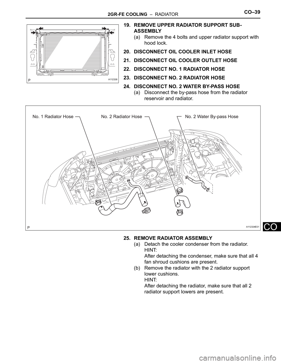 TOYOTA RAV4 2006  Service Repair Manual 2GR-FE COOLING  –  RADIATORCO–39
CO
19. REMOVE UPPER RADIATOR SUPPORT SUB-
ASSEMBLY
(a) Remove the 4 bolts and upper radiator support with 
hood lock.
20. DISCONNECT OIL COOLER INLET HOSE
21. DISC