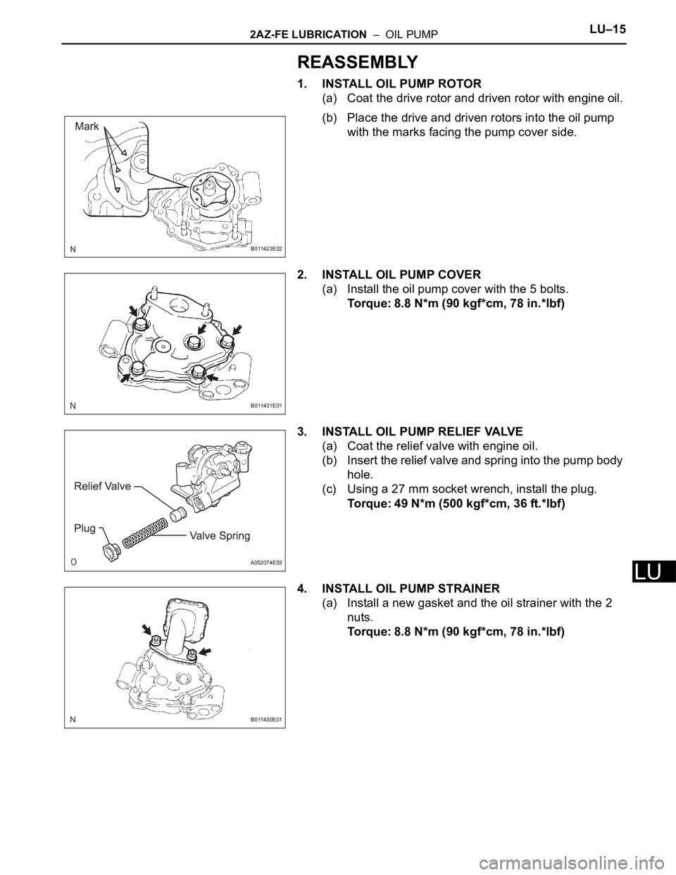 TOYOTA RAV4 2006  Service Repair Manual 2AZ-FE LUBRICATION  –  OIL PUMPLU–15
LU
REASSEMBLY
1. INSTALL OIL PUMP ROTOR
(a) Coat the drive rotor and driven rotor with engine oil.
(b) Place the drive and driven rotors into the oil pump 
wit